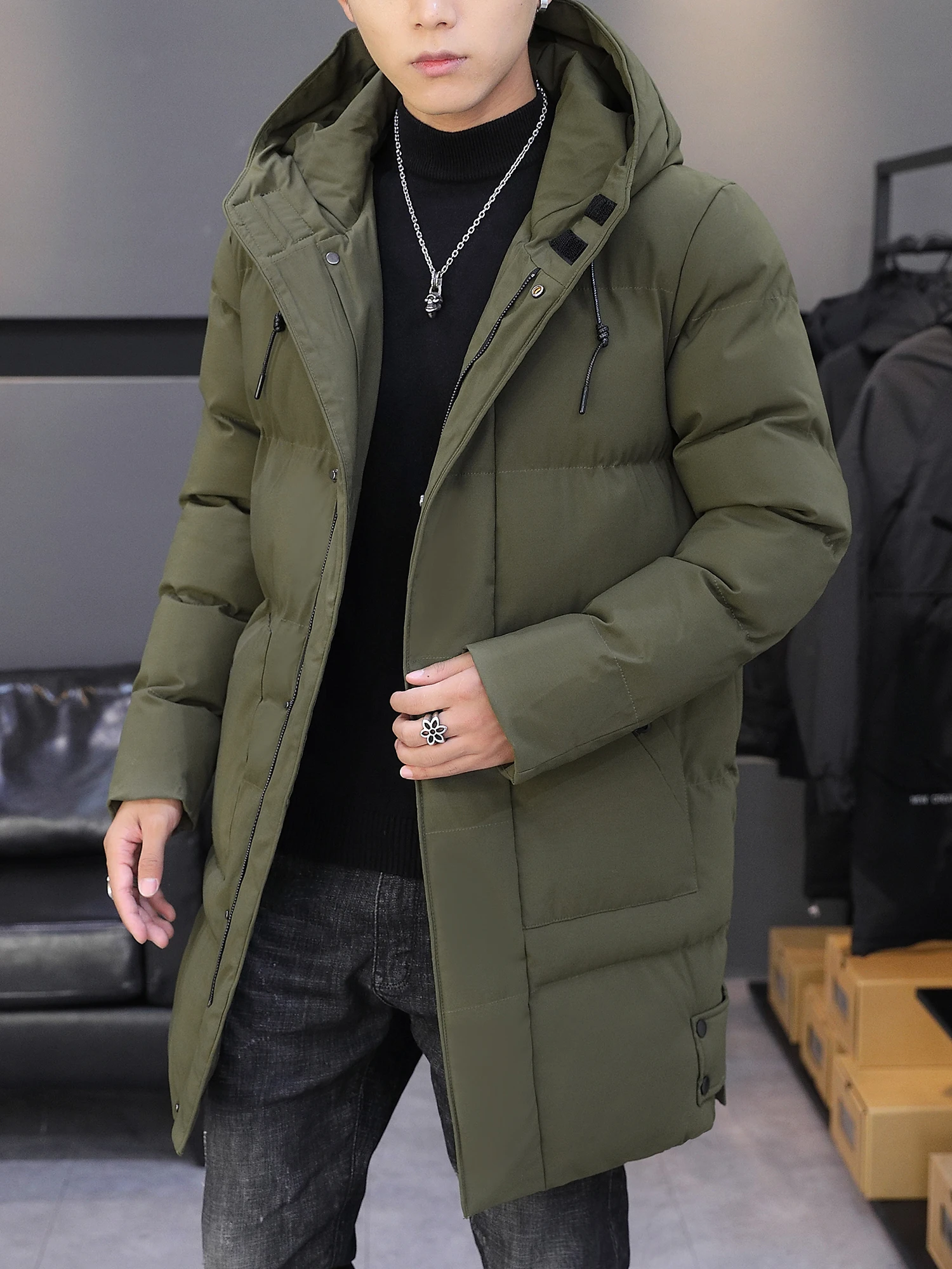 

Men's Hooded Thiened Cotton Jaet Stand Fit Casual Warm Polyester Fiber Autumn Winter Long Coat KFGZ Cleanfit Sle