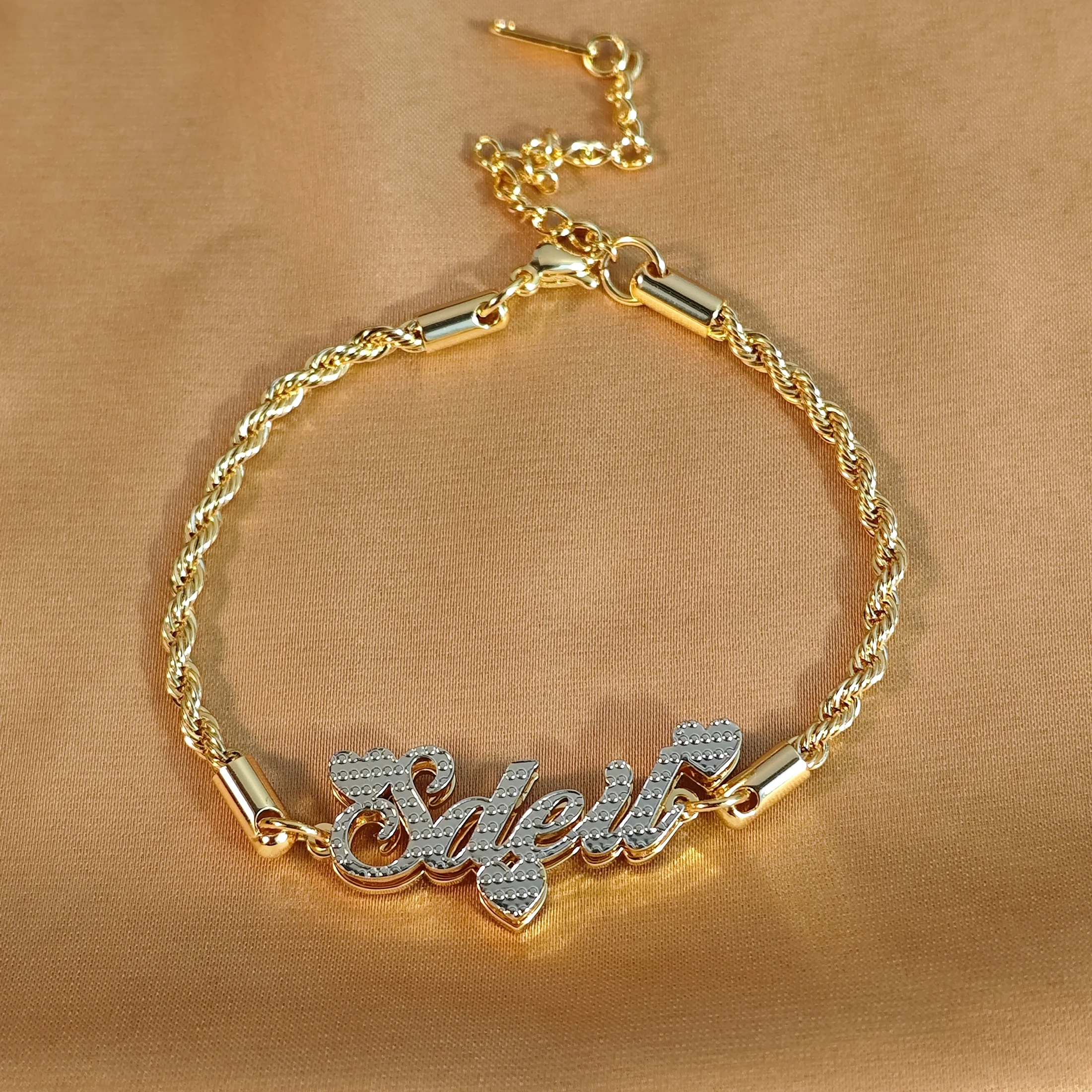 Customized Name Bangles Double Layer Two Tone Heart Nameplate Cuban Chain With Heart Personalized Custom Name Bracelet For Women