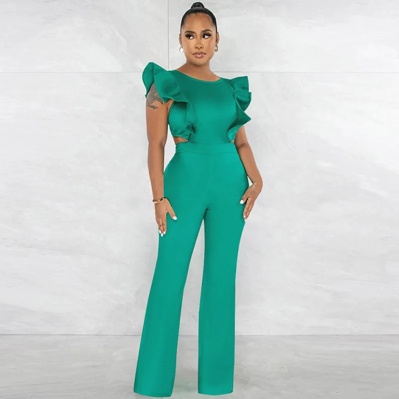 

Elegant Ruffles Sleeve Wide Leg Jumpsuit Women 2023 Party Backless Jumpsuits and Rompers Night Club Outfit Combinaison Femme