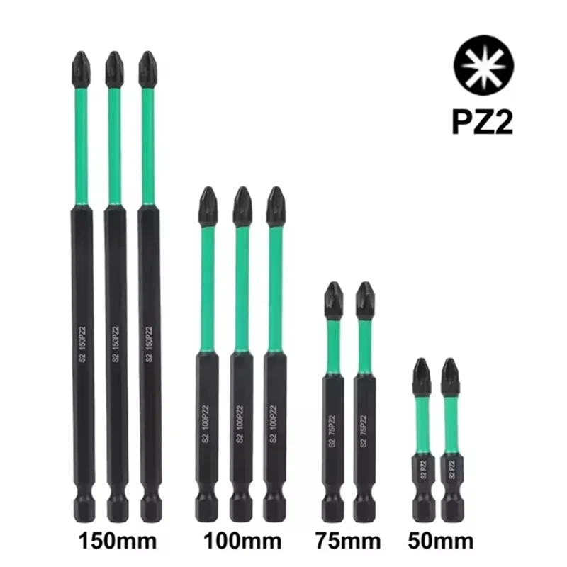 ABRS-10Pcs PZ2 Magnetic Driver Bits Heavy Duty Hex Screwdriver Bit Set Switch Electrician For Socket Switch 50/75/100/150Mm
