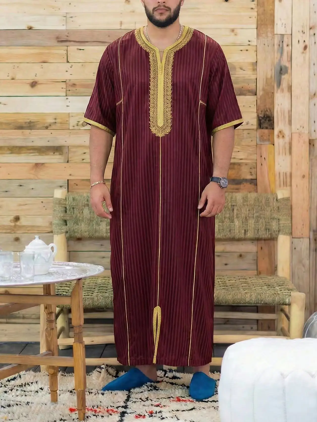 Muslim Men's Morocco Gandoura Thobe Loose Short Sleeves Gorgeous Embroidery Comfortable Islamic Men's Traditional Clothing Party