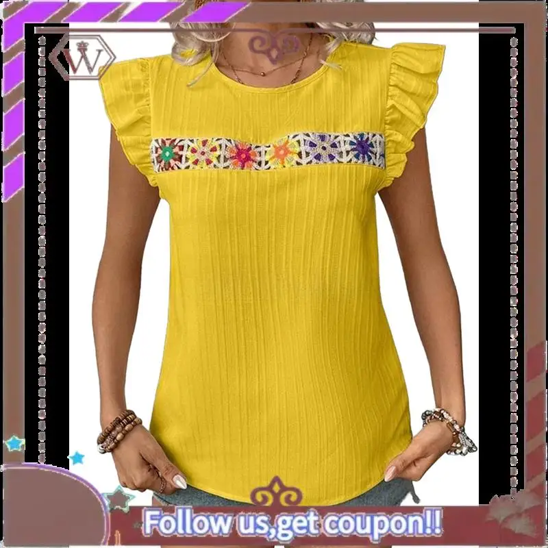 A95D-Blusa bohemia de verano de manga corta con cuello redondo y bordado floral para mujer