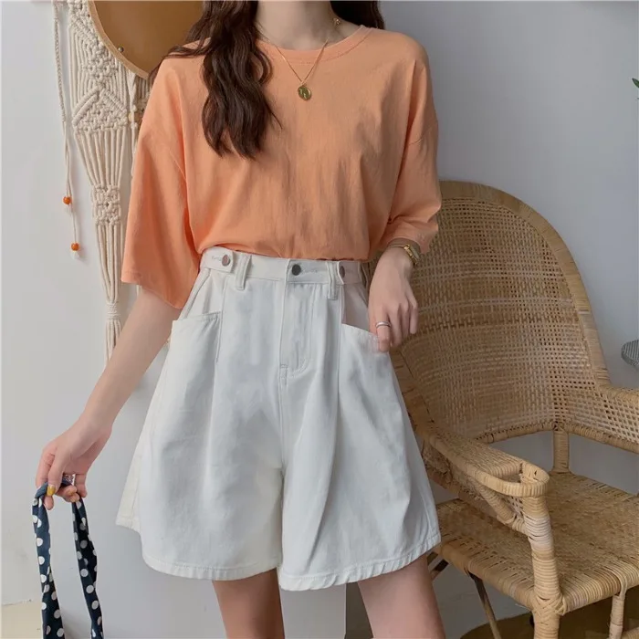 orts jeans f plus size, cinco quartos, primavera verão, solto, cintura alta, pernas largas, casual, versátil, leve