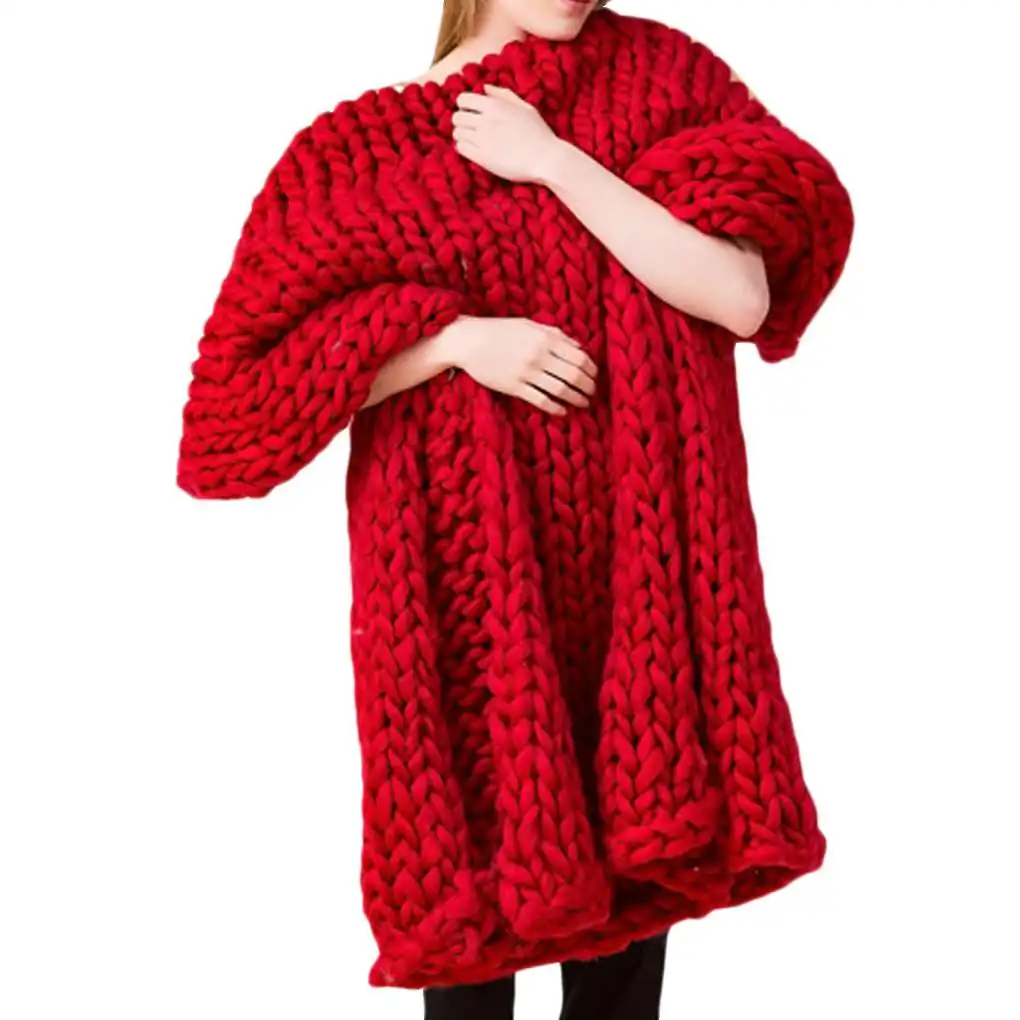 Cashmere-Like Knitted Throw Hand-Woven Large Comfortable Mat Coarse Wool Solid Color Sofa Blanket