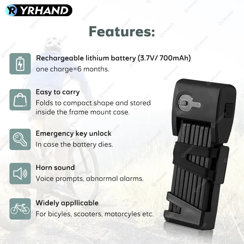 YRHAND Ttlock Unlock Bicycle Foldable Bike Lock Road Fold Lock High Security IP67 Anti-Theft Scooter Electric E-Bike Smart Lock