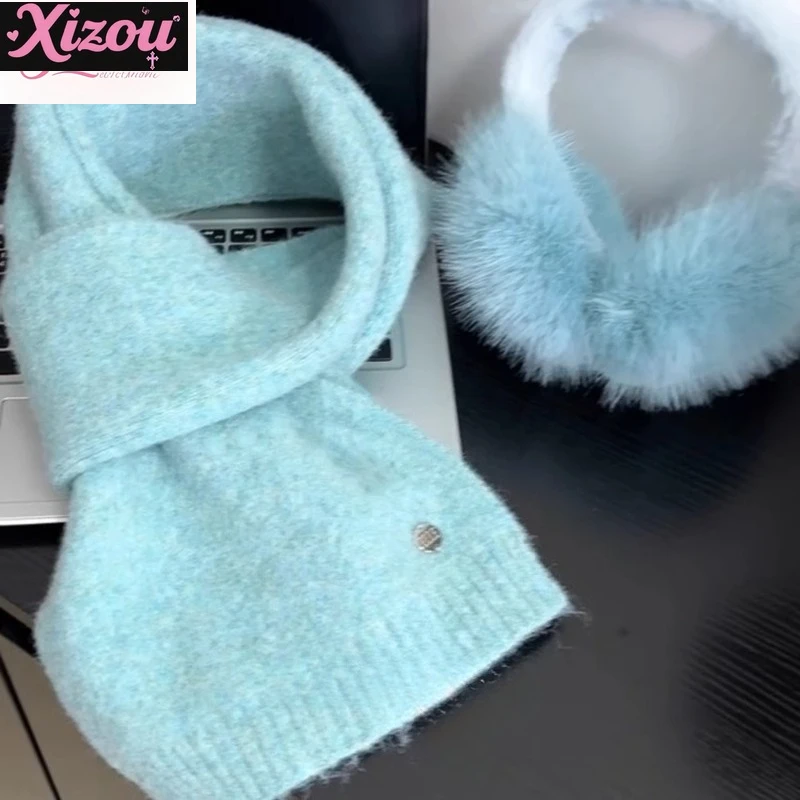 japanese-thickened-knitted-thermal-scarf-scarf-women's-plush-neck-soft-earmuffs-cycling-earmuffs-two-piece-set-blue-female