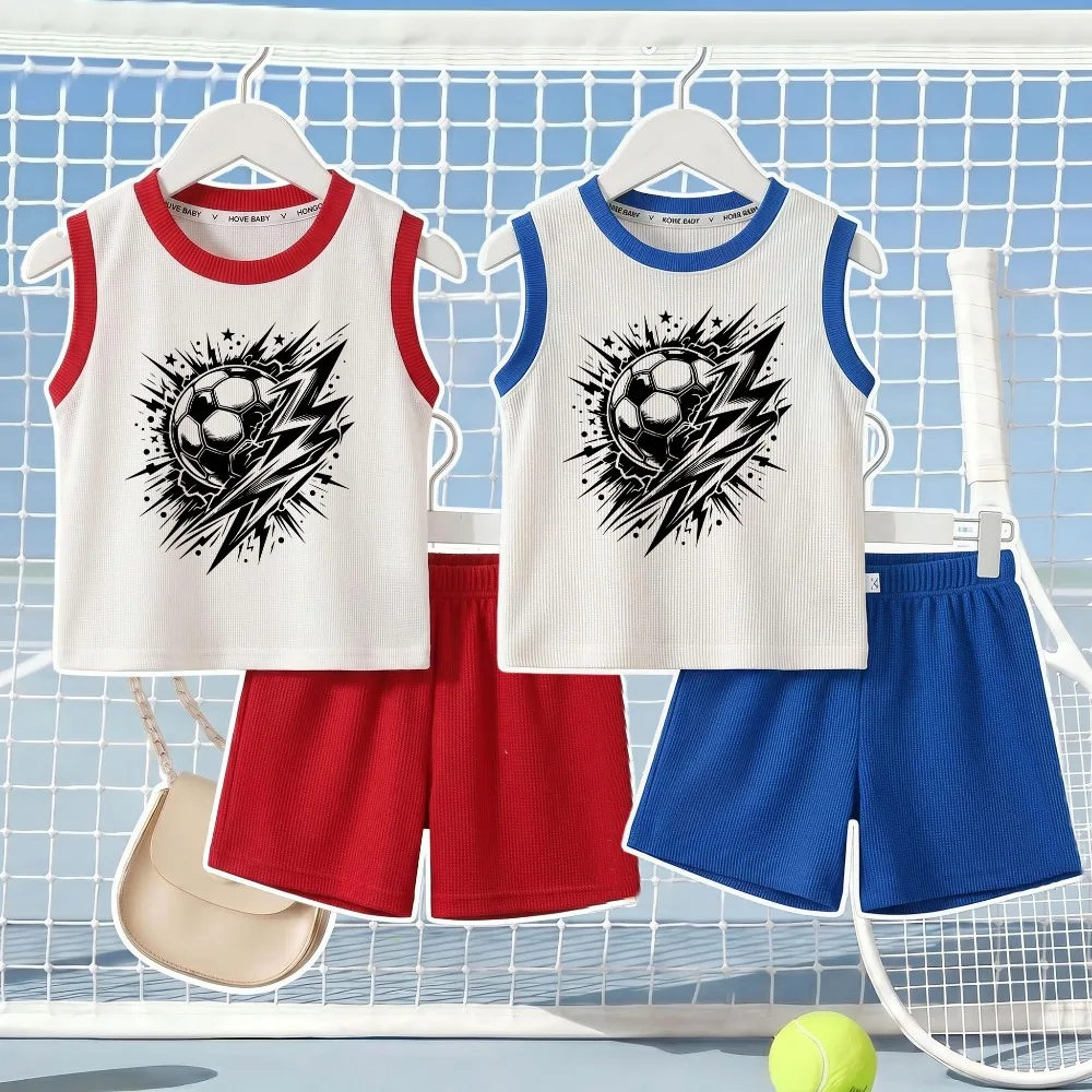 (1-12YEARS) Boys Sport Vest Set Football Printed Children Breathable Fashion Outfits Kids Sleeveless Top Shorts 2pcs Suit Summer