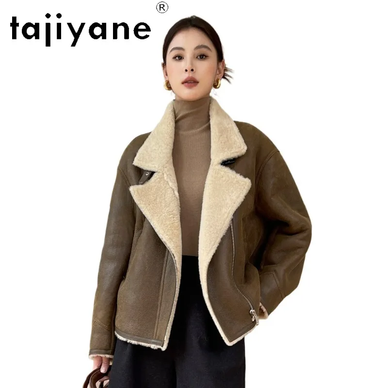 TAJIYANE Natural Sheep Shearling Real Fur Coat Woman Biker Coats for Woman Clothing Vintage Outerwear Loose Fur Jacket Шуба 2026