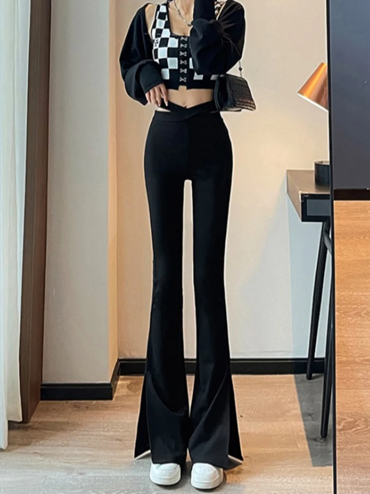 Pantalones acampanados ahuecados negros para Mujer, ropa De calle De cintura alta Y2k, Pantalones De Mujer, Pantalones coreanos De Hip Hop