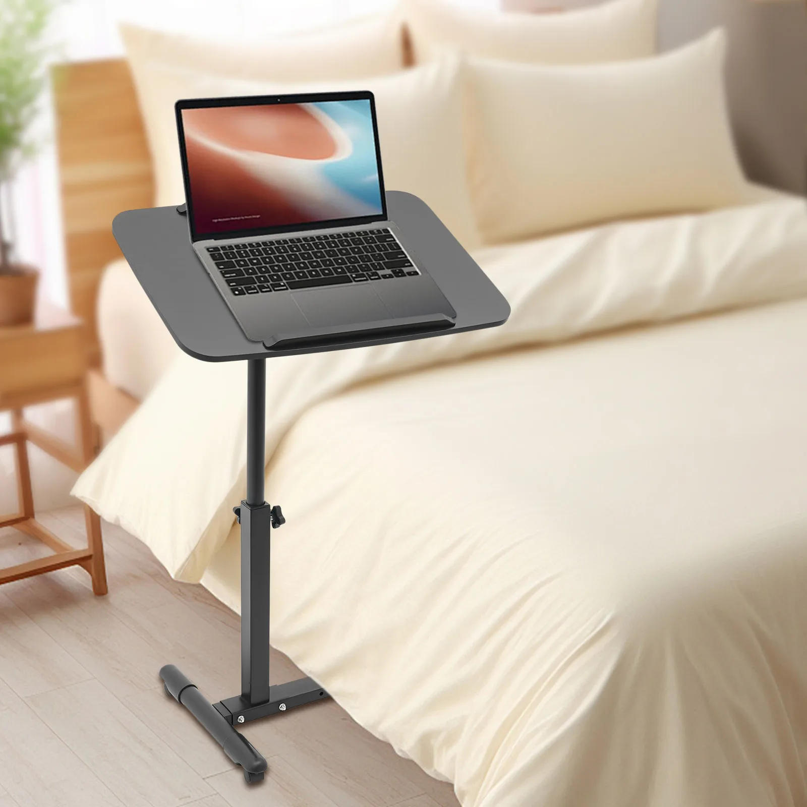 Bedside Table Over Bed Desk 44lbs Capacity Height Adjustable 65-90cm H Shaped Base with Hidden Wheels for Bedroom Sofa Hospital Home