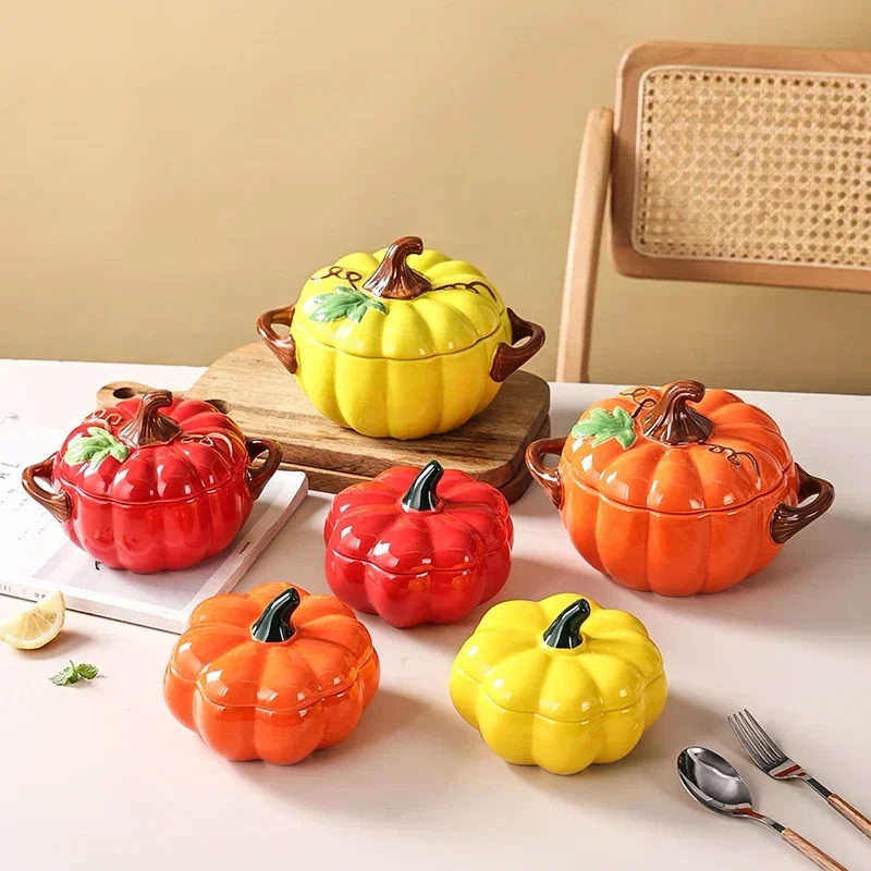 Lovely Pumpkin Soup Pot with Lid Ceramic Noodle Bowl Dessert Tableware Double-ear Stew Cup Ceramic Bowl Soup Multiple Options