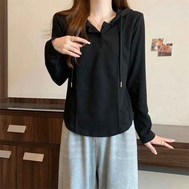 Button Plain Hoodies Sweatshirt for Women Y2k Vintage Cheap Long Sleeve Streetwear New in Y2k Japanese Basic Woman Hooded Tops