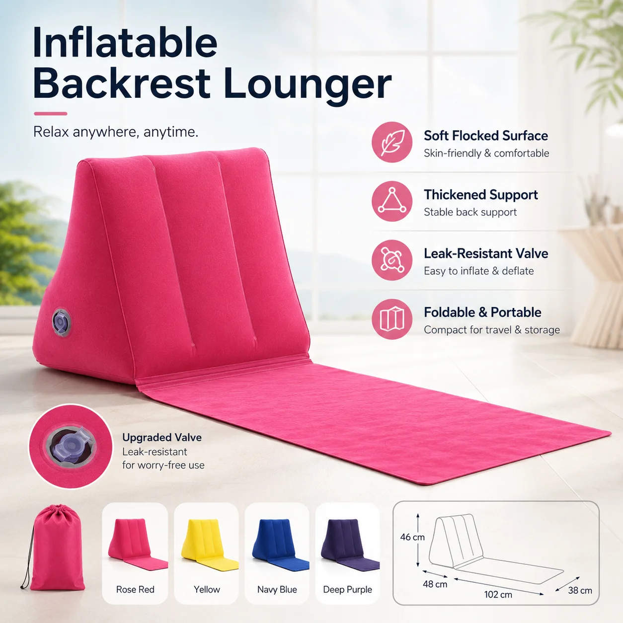 Colchón inflable de viaje, silla plegable suave, tumbona de ocio equipada con cojín de respaldo para acampar, playa y relajación