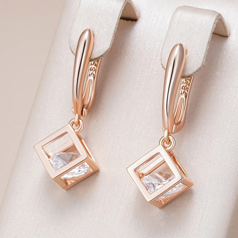 Kinel Hot Simple Hollow Square Dangle Earrings For Women 585 Rose Gold Color Natural Zircon Accessories Daily Fine Jewelry