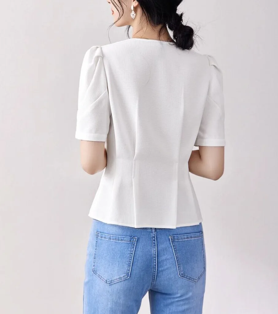 Minimalist Blue V Neck Puff Sleeve Peplum Blouse Heart Button Cinched Waist Tailored Top Women Elegant Office Short Sleeve Shirt