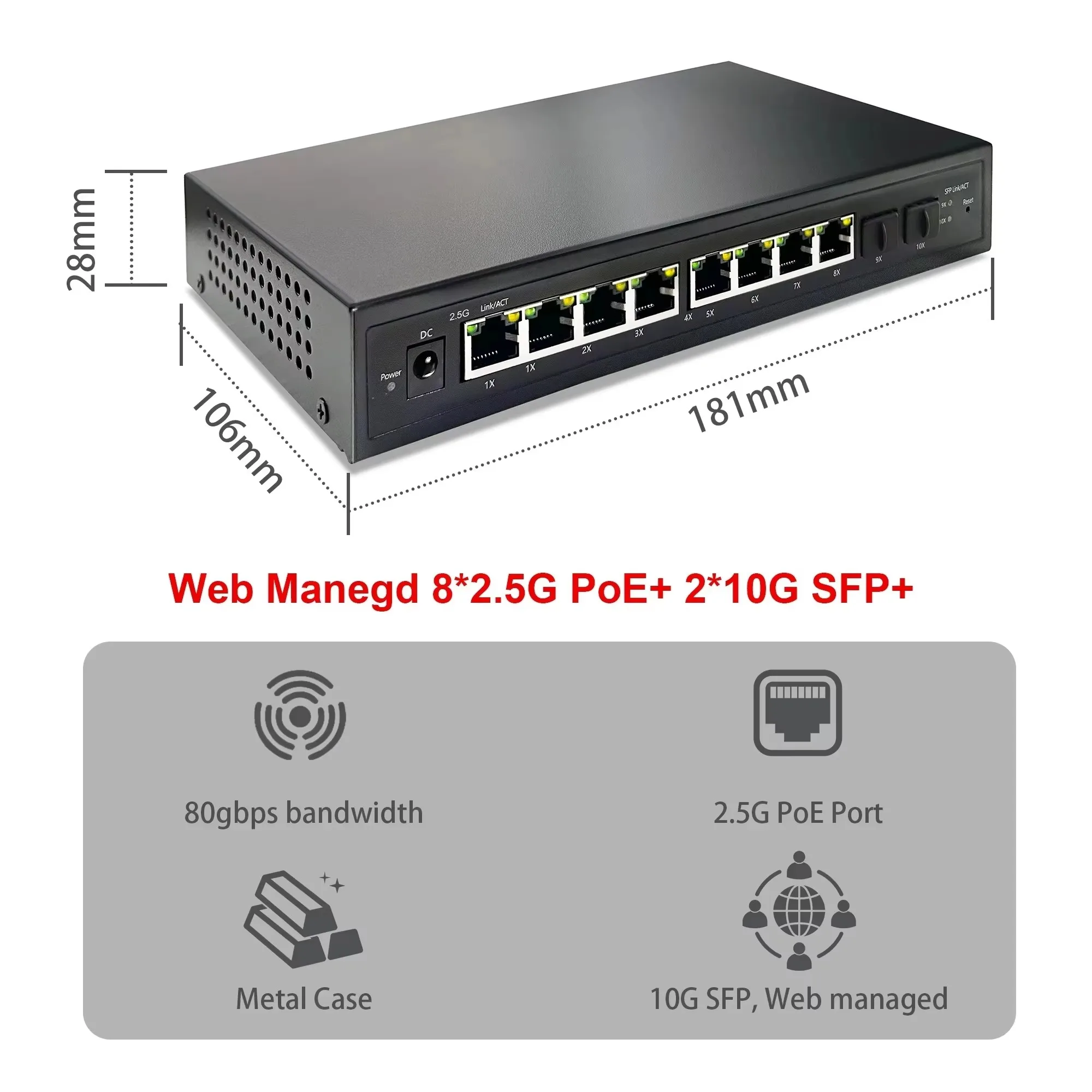 Switch PoE gerenciado via web, 2,5G, 8 portas, IEEE802.3af/at, 120W, com 2x 10G SFP+ para AP WiFi6, NAS, NVR