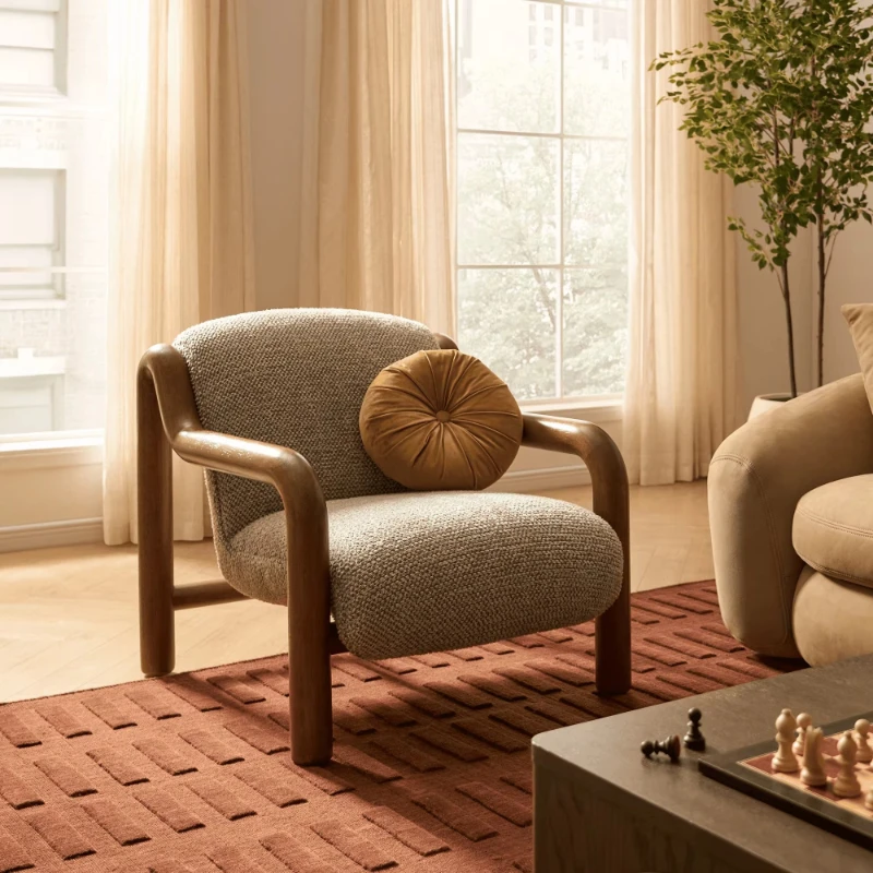 

Cloth upholstered armchair, solid wood frame, modern comfortable casual dining chair, suitable for living room