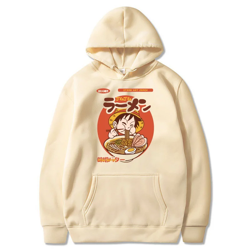 Kawaii Luffy Graphic Hoodies Anime One Piece Pullover Autumn & Winter Casual Streetwear Delicious Miso Soup Daily Clothing