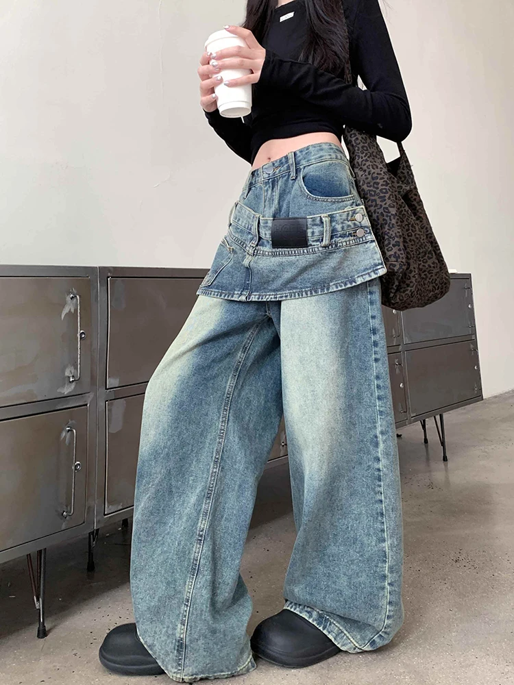 REDDACHiC Wrapped Baggy Jeans Woman Trousers New In Fake Two-piece Loose Casual Light Wash Wide Leg Pants Vintage Y2k Streetwear
