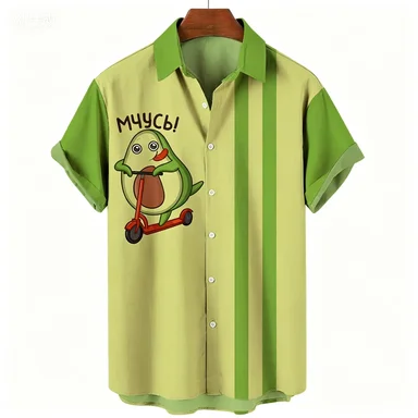 Fresh and Healing Avocado Cartoon Print Color Blocking Splicing Short Sleeved Loose Casual Vacation Shirt for Men and Women