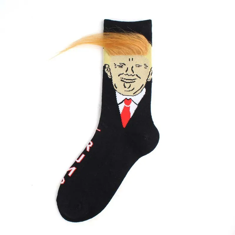 Spoof Funny President Donald Trump Socks With 3D Fake Hair Crew Socks Mens Compression Comfortable Soft Socks Streetwear Hip Hop