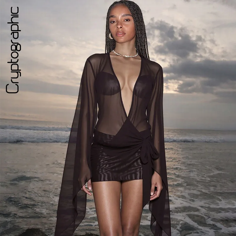 

Mesh See Through Deep V Mini Dress Flared Bell Long Sleeve Backless Sheer Sexy Going Out Vacation Summer