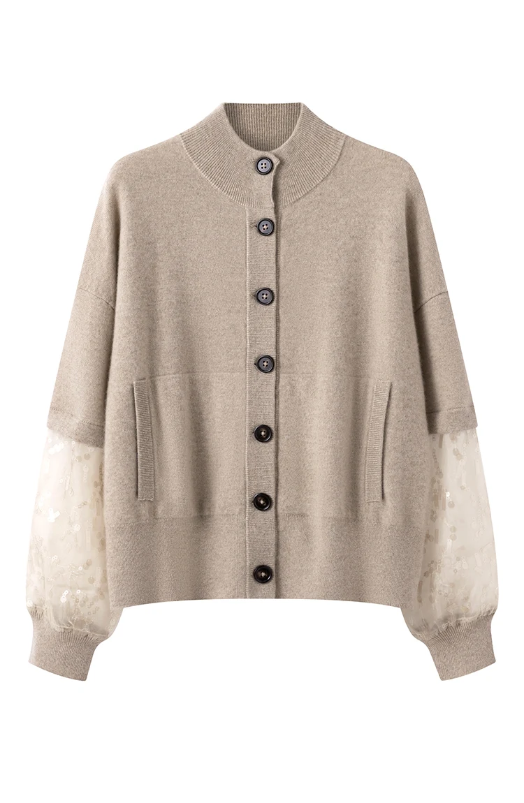 BD4521243 Damen-Kaschmir-Cardigan mit Knöpfen, Stehkragen, Langen Ärmeln, Organza-Pailletten-Manschetten, Lockerer Schnitt, Winter-Strickware – Detail 11