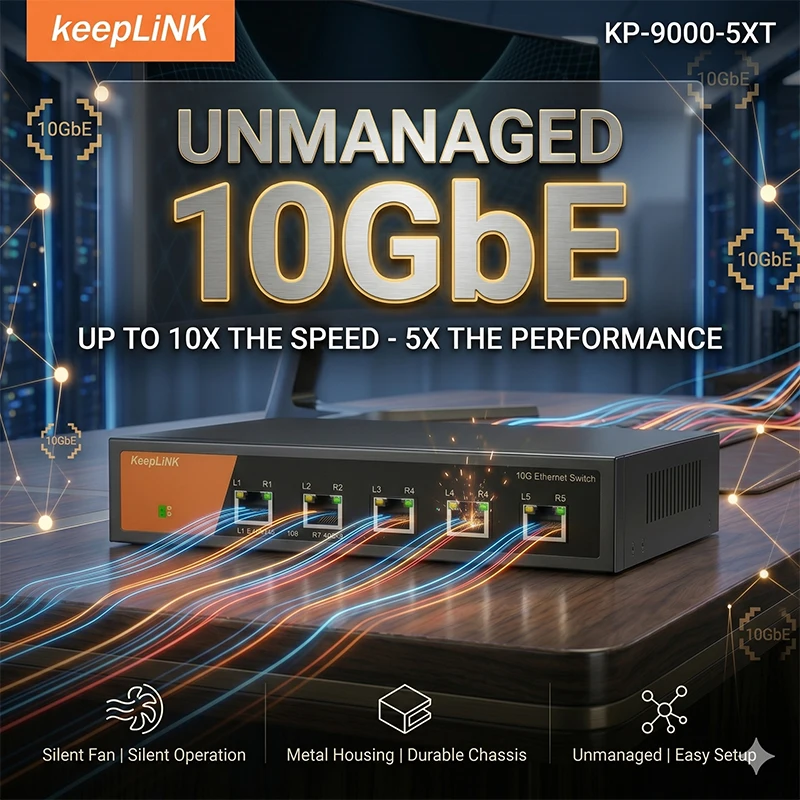KeepLiNK 5-Port 10GbE Unmanaged Switch | Metal Silent Fan 10G Desktop Network Hub