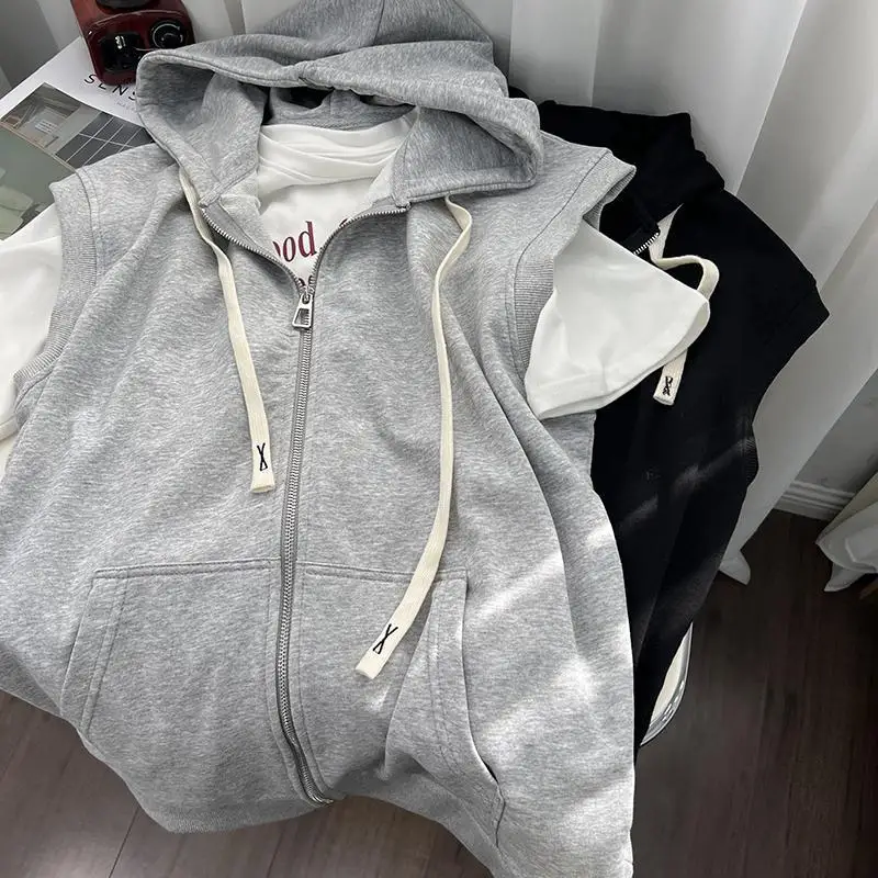 

Sleeveless Hooded Zipper Sweatshirt Men Vest Cardigan Large Size Loose Sports Tops Couple Clothing Biker Vests New