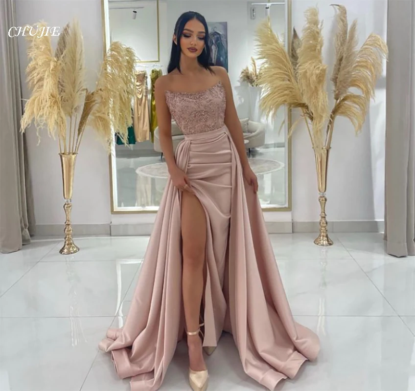 

Satin Slit Evening Dresses Ball Gown Strapless Sequins Appliques Elegant Prom Dress Woman Party Robe De Soiree فستان سهرة