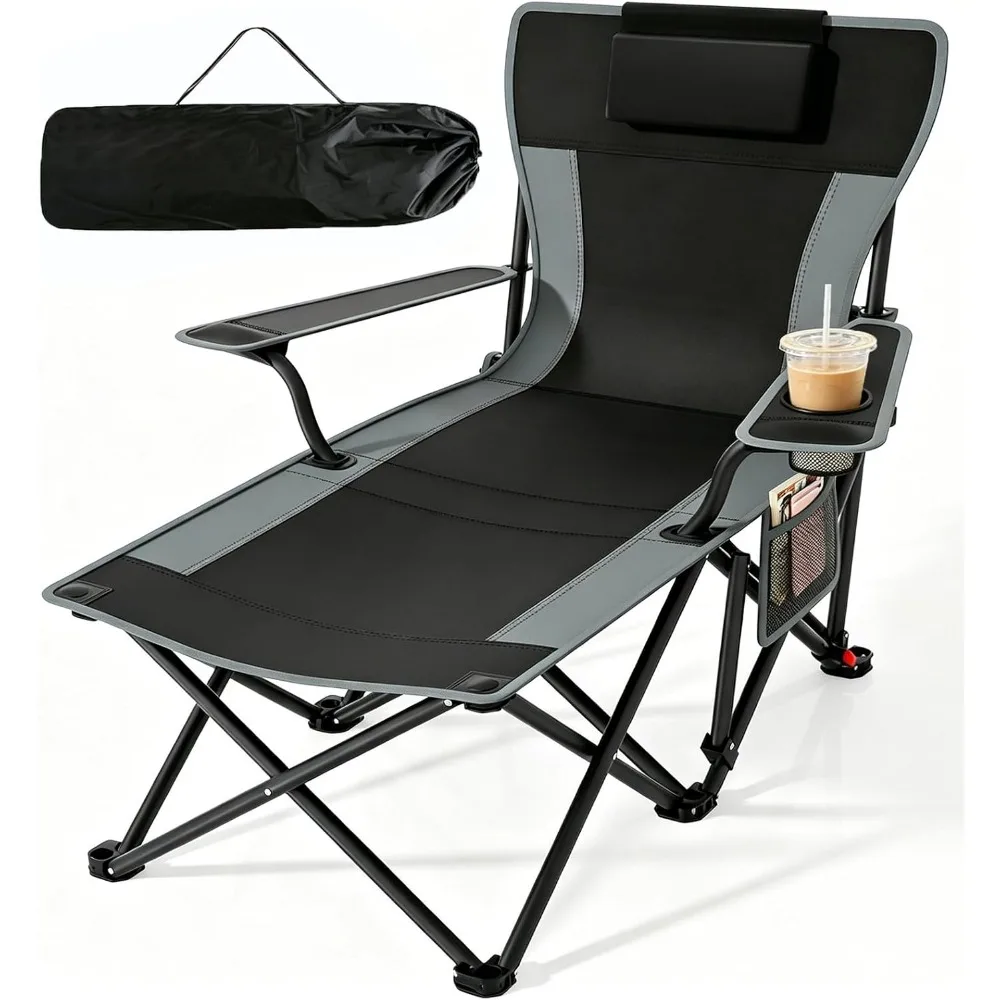 Reclining Folding Camping Chair with Foot Rest, Adjustable Lounger, 500lbs Capacity, Carry Bag
