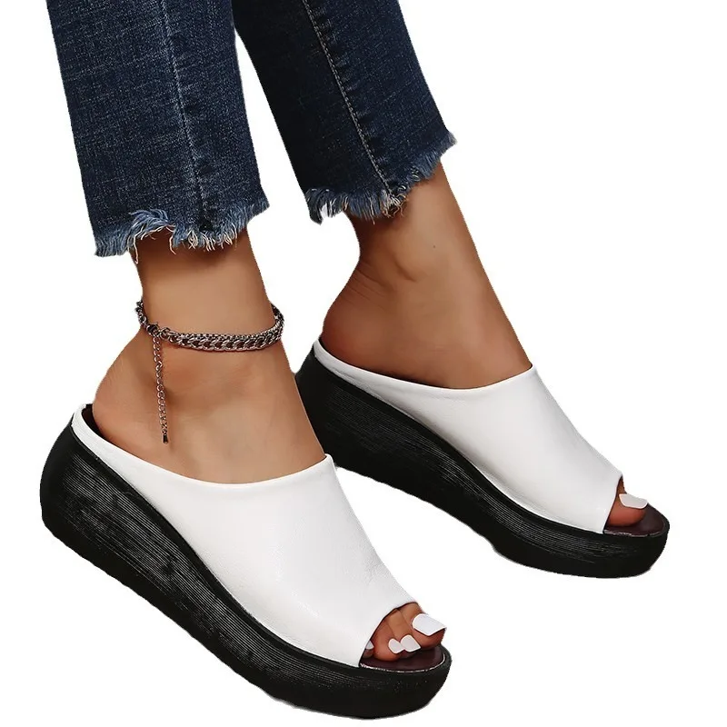 Plus Size 35-44 Shoes for Women Summer Leather Platform Slippers Wedges Peep Toe Outdoor Beach Sandalias Mujer Women Slippers