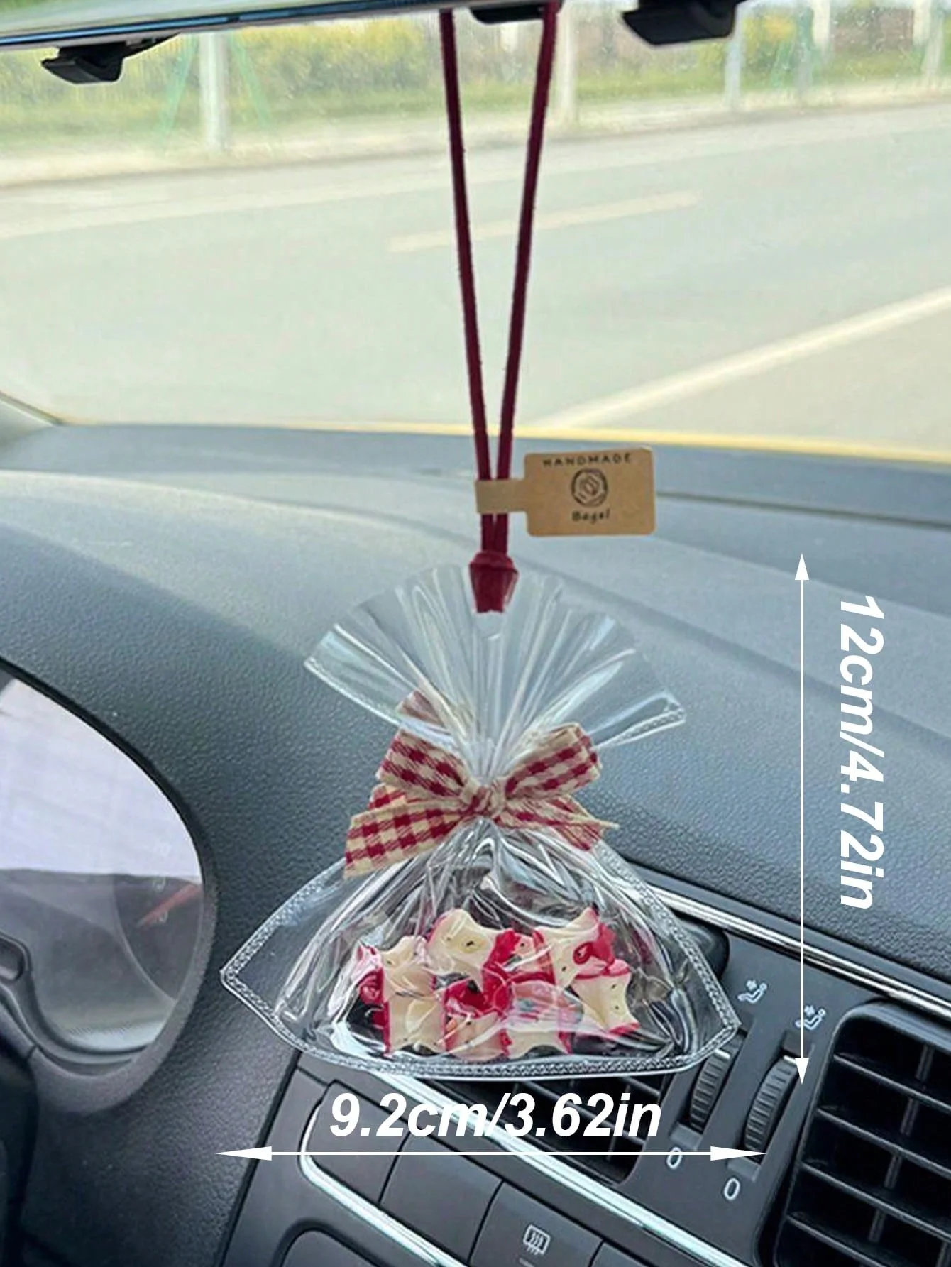 귀여운 사과 가방 자동차 장식품, 투명한 캔디 스타일, 백미러/핸드백 장식품, 빨간색 체크무늬 리본, 스타일리시한 열쇠고리, 휴일 크리스마스