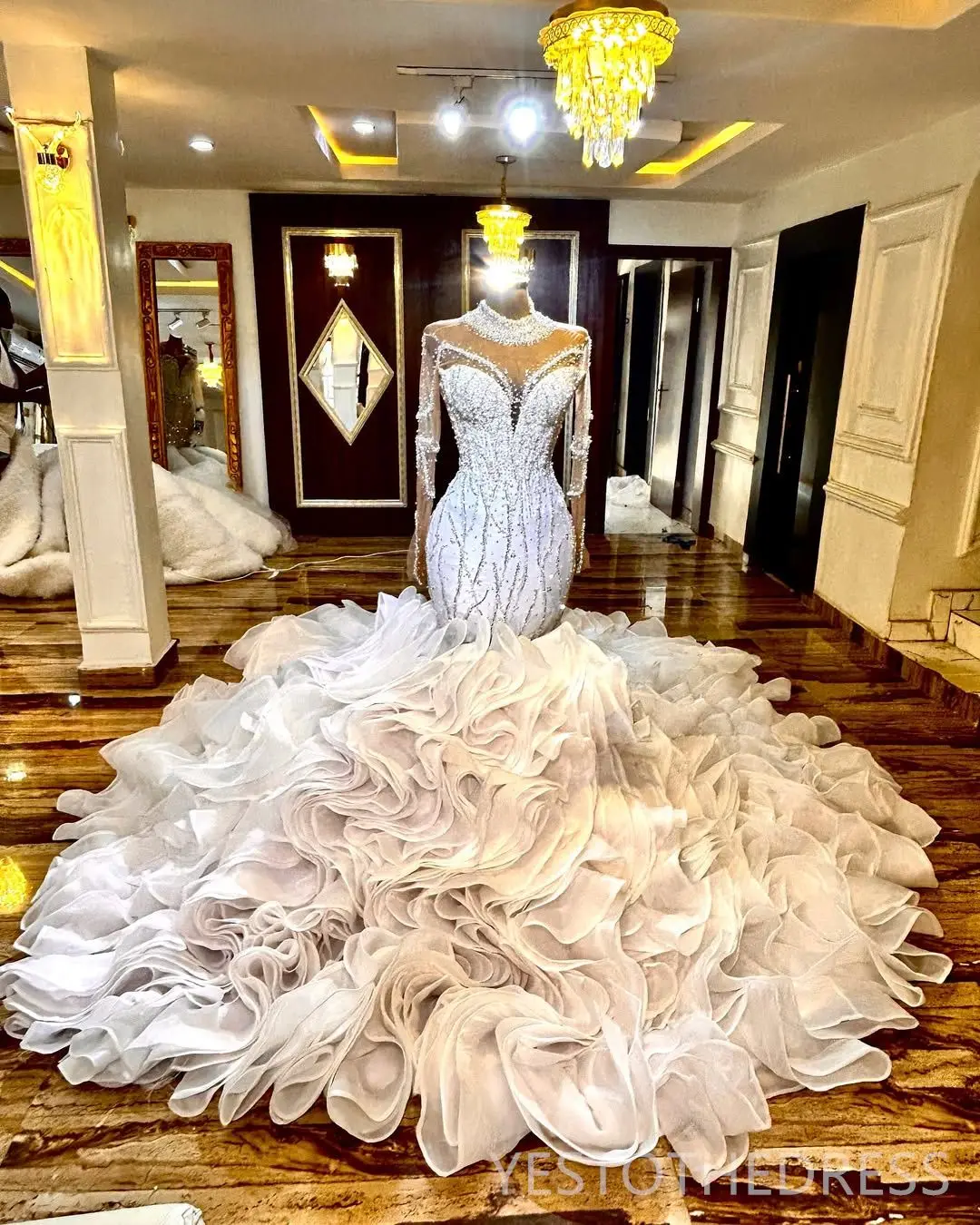 Customized Mermaid Long Sleeves High Neck Appliqued Beaded Lace Pearls Crystals Ruffled Wedding Dress Bride Bridal Gowns