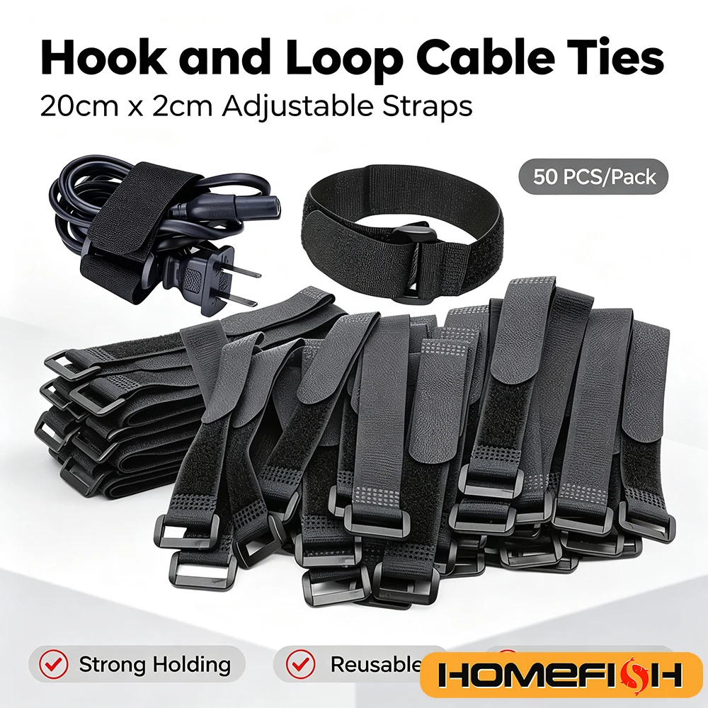 50pcs Reusable Fastening Cable Straps, Hook And Loop Cable Tie Down Straps