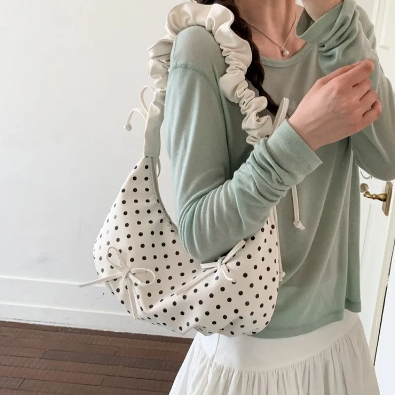 

Polka Dot Fabric Hobo Shoulder Bag with Ruched Handle & Bow Detail, Multi-Color for Daily Use, Dating, Commuting and Short Trips