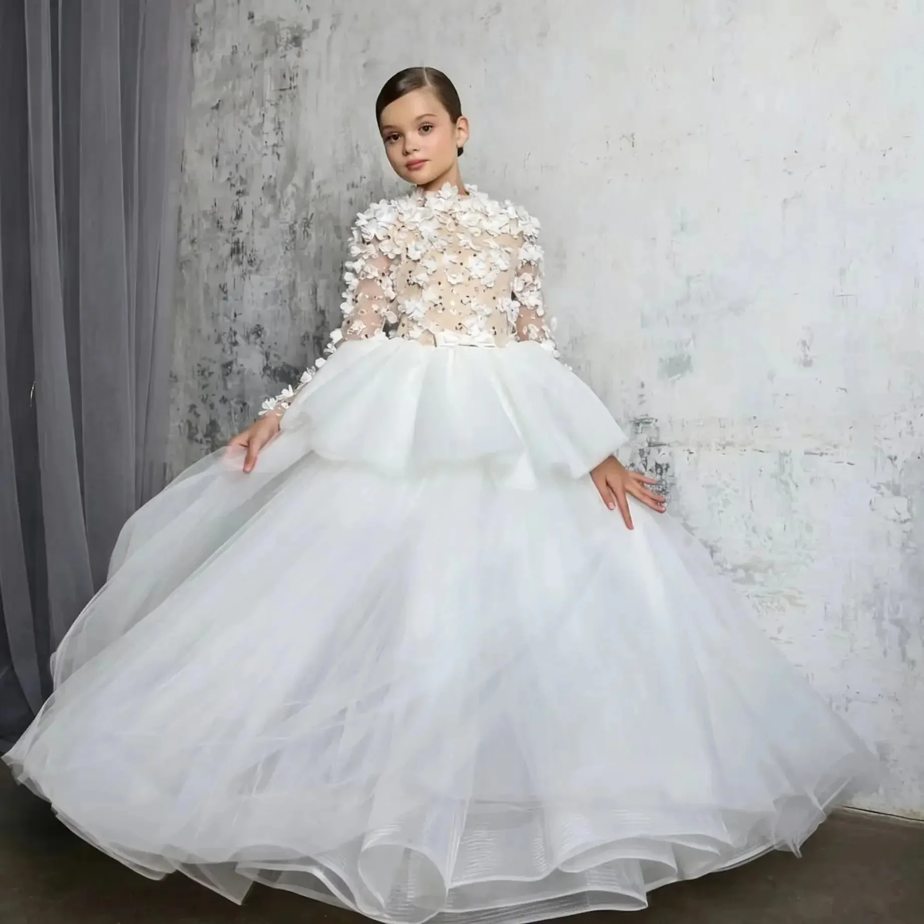 Customized Luxury Dress FlowerGirl Wedding Pageant White Floral Mesh Tulle Kid Luxe Birthday Guest Formal Evening Party Show Gow