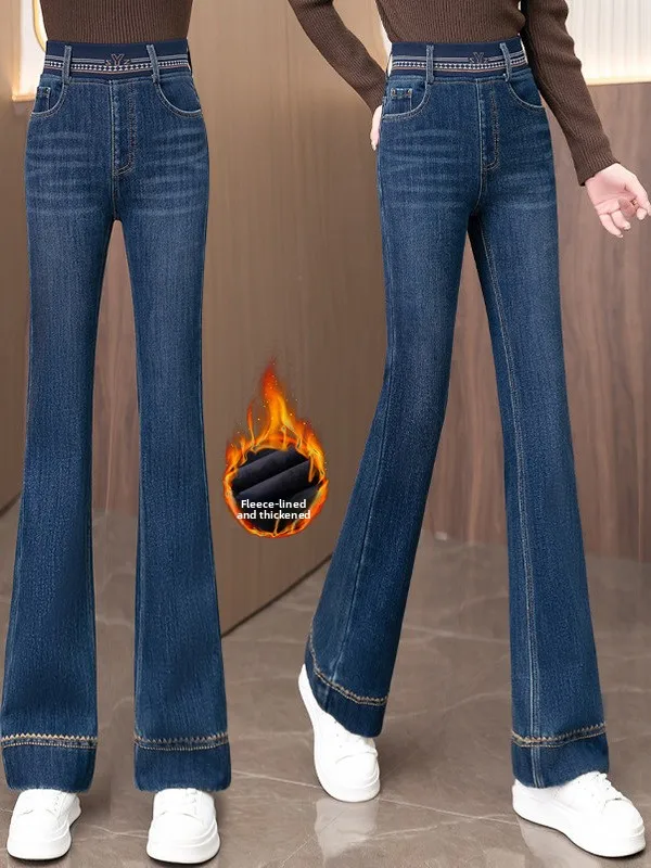 

Синие джинсы-клеш с эластичным поясом, женские, на подкладке, с вышивкой, укороченные, повседневные, с высокой талией