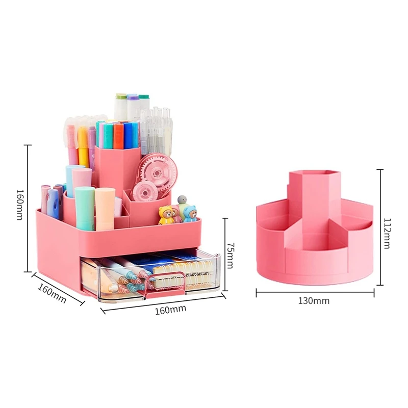 Rotating Pen Pencil Holder Desk-Organiser Pencil Pots Makeup Brush Holder + 11 Compartments For Home Pink