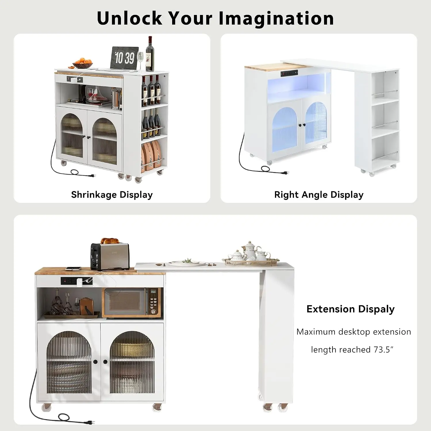 Rolling Kitchen Island Cart with Extended Table LED Lights Power Outlets Glass Door Storage Shelf White Customized image 5