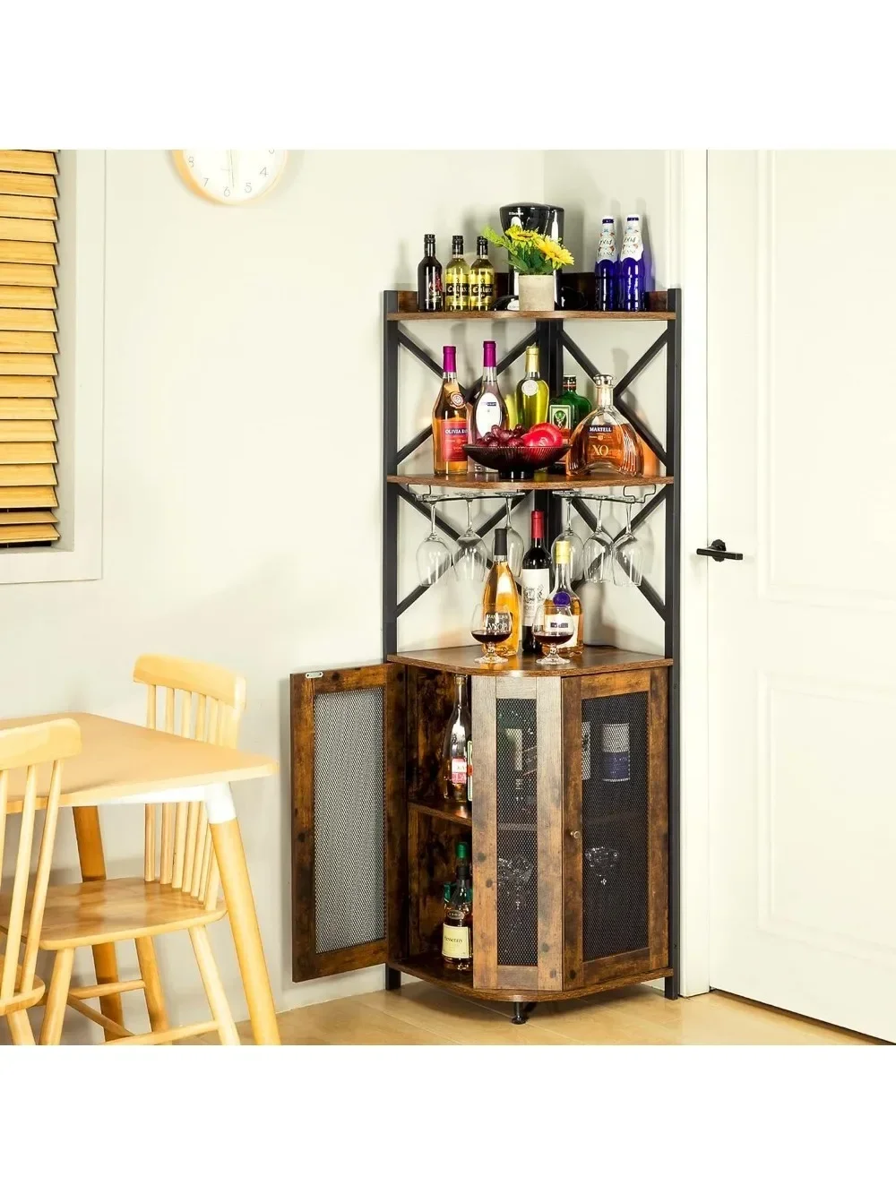 

Corner Bar Cabinet with LED Lights, 5-Tier Industrial Wine Cabinet with Glass Holder, Wine Bar Cabinet with Adjustable Shelf,