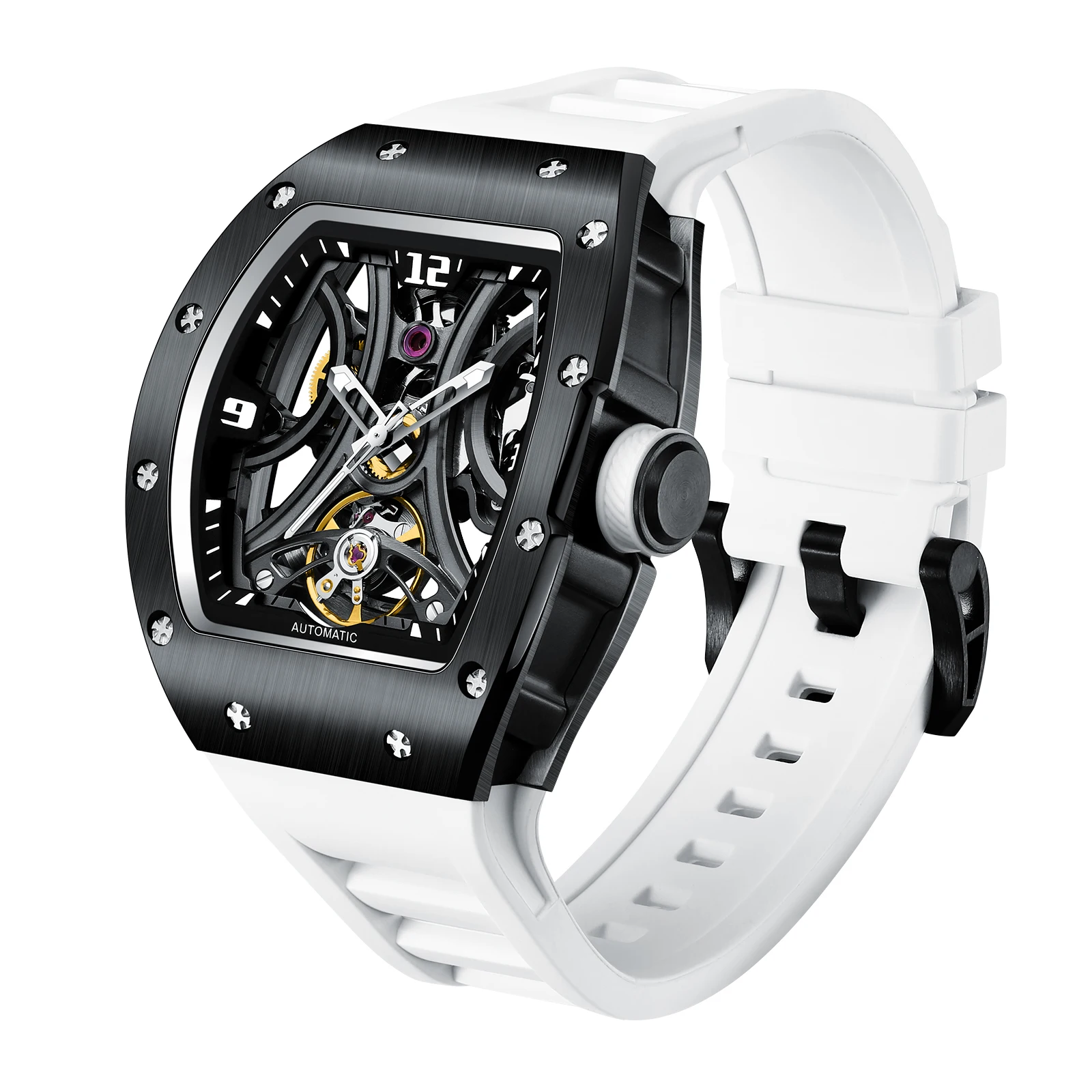 2026 New Style automatic watch tonneau dial silicone strap waterproof sport mechanical wristwatch stainless steel