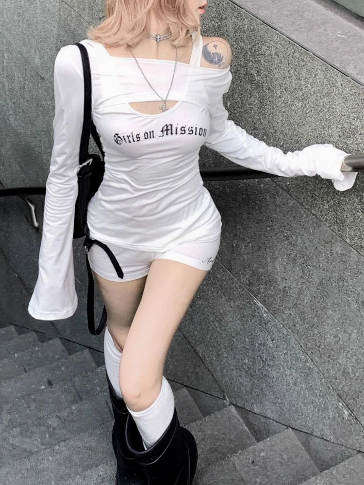 Off Shoulder White Sexy T-Shirt Women Hoodie Detail Slim Fit Long Sleeve Cut-Out Graphic Print Casual Y2k Streetwear Tops 2025