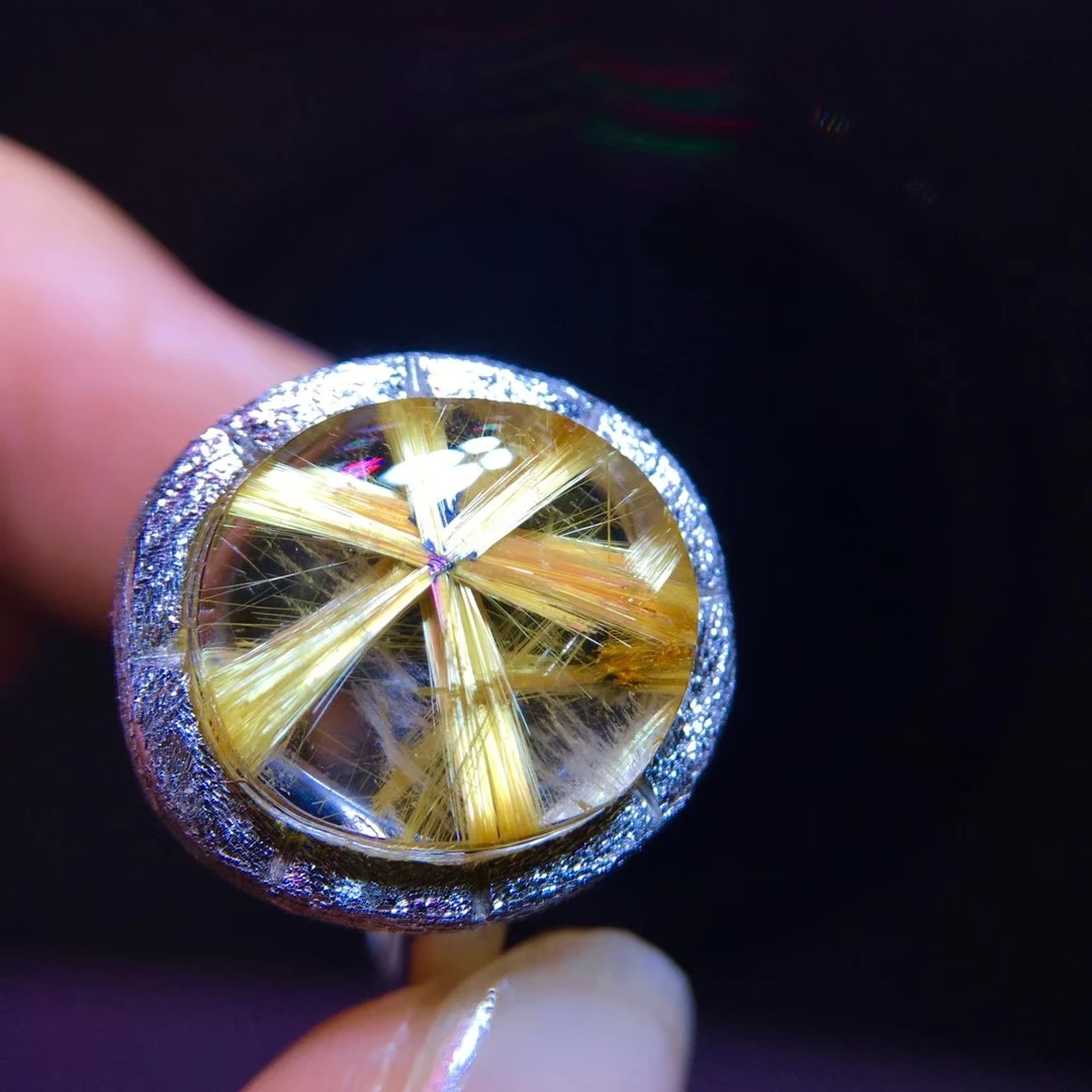 Natural Gold Rutilated Quartz Adjustable Ring 925 Silver 13.7/11.7mm Women Yellow Rutilated Beads AAAAAA