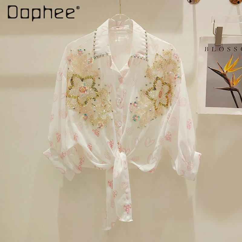 

Heavy Industry Beaded Sequined Flower Lace-up Long-sleeved Shirt Women Love Floral Shirt Temperament Versatile Casual Blouse