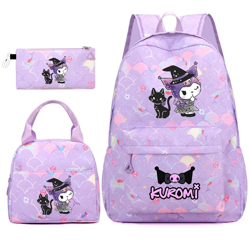 

Красочный рюкзак Kuromi, 3 шт./компл., для женщин, повседневные школьные сумки с сумкой для обеда, студенческий подростковый рюкзак для девочек и мальчиков