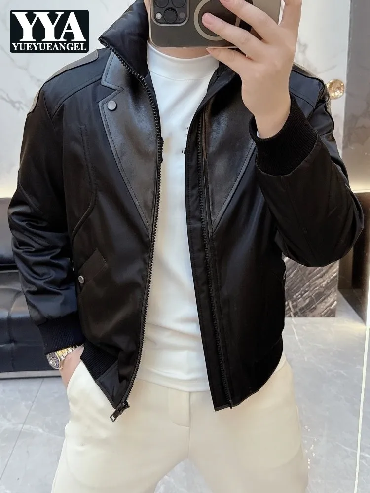 Fashion Genuine Leather Patchwork Down Coat Male Stand Collar Slim Fit Warm Casual Jacket Winter High Street Mens Outerwear New