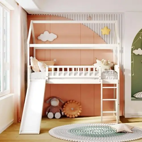 Twin Size Loft Bed Met Glijbaan & Ladder, Huisvormige Massief Grenen Houten Bed Frame W/Veiligheid Vangrail Voor Kinderen, Tieners, Meisjes,