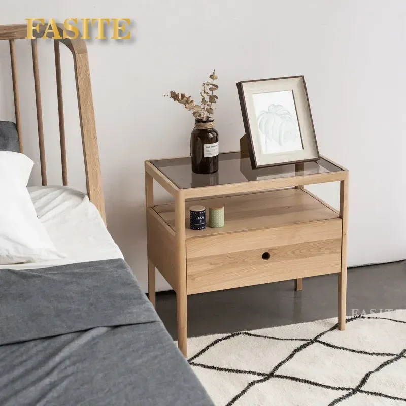 For Imported White Oak Solid Wood Bedside Table Exquisite Small Medieval Style Nightstand for Master Bedroom Home Furniture