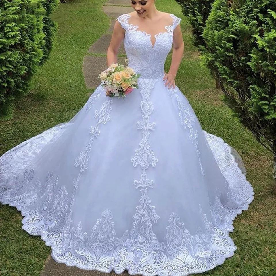 2022 neue Illusion Weiß/Elfenbein Ballkleid Lange Hochzeit Kleid Kurzen Ärmeln Braut Kleider Prinzessin Tüll Elegante Hochzeit Kleider